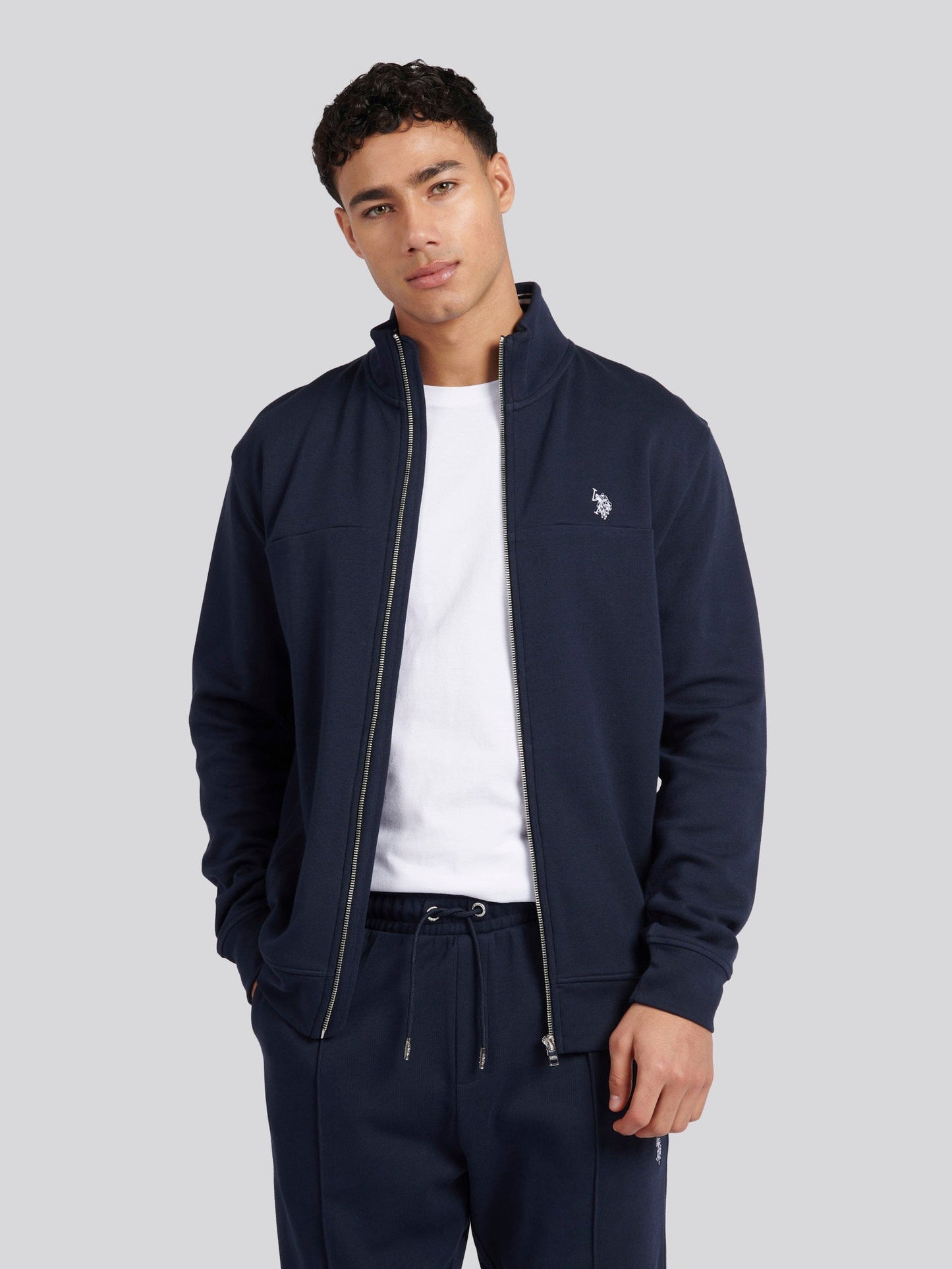Mens Luxe Double Horsemen Zip Through Funnel Sweatshirt Dark Sapphire Navy / White DHM