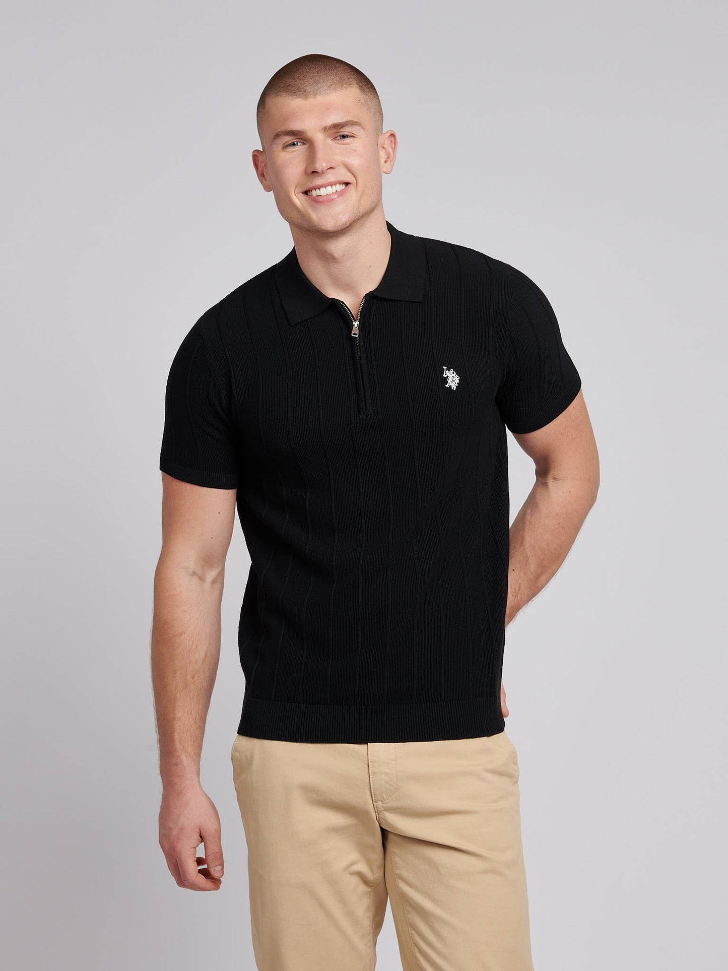Mens Zip Knit  Polo Shirt Black Bright White DHM