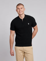 Mens Zip Knit  Polo Shirt Black Bright White DHM