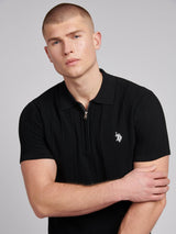 Mens Zip Knit  Polo Shirt Black Bright White DHM