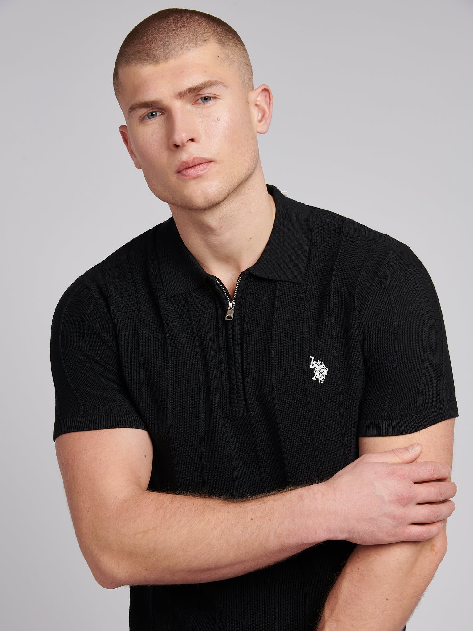 Mens Zip Knit  Polo Shirt Black Bright White DHM