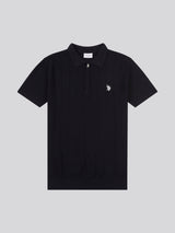 Mens Zip Knit  Polo Shirt Black Bright White DHM