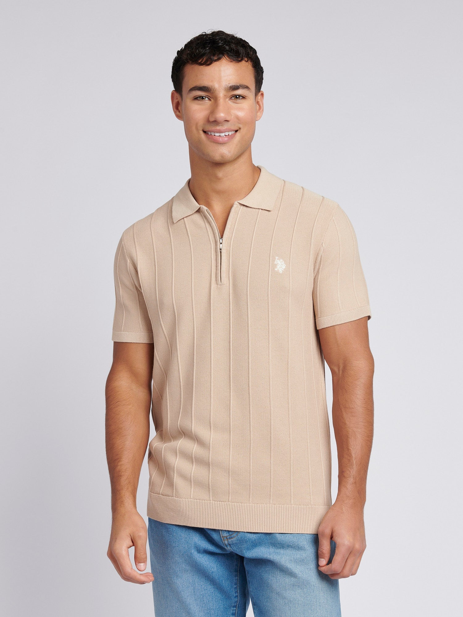 Mens Zip Knit  Polo Shirt Doeskin