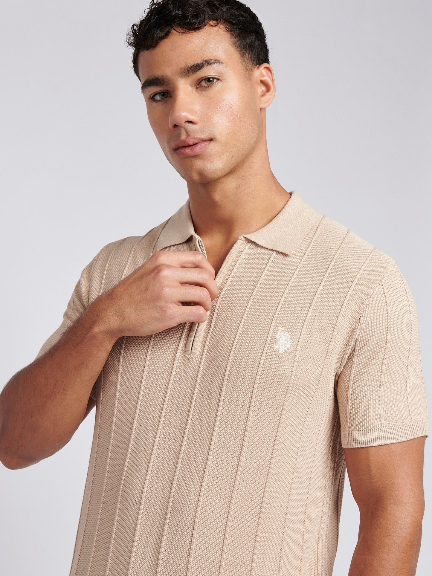 Mens Zip Knit  Polo Shirt Doeskin