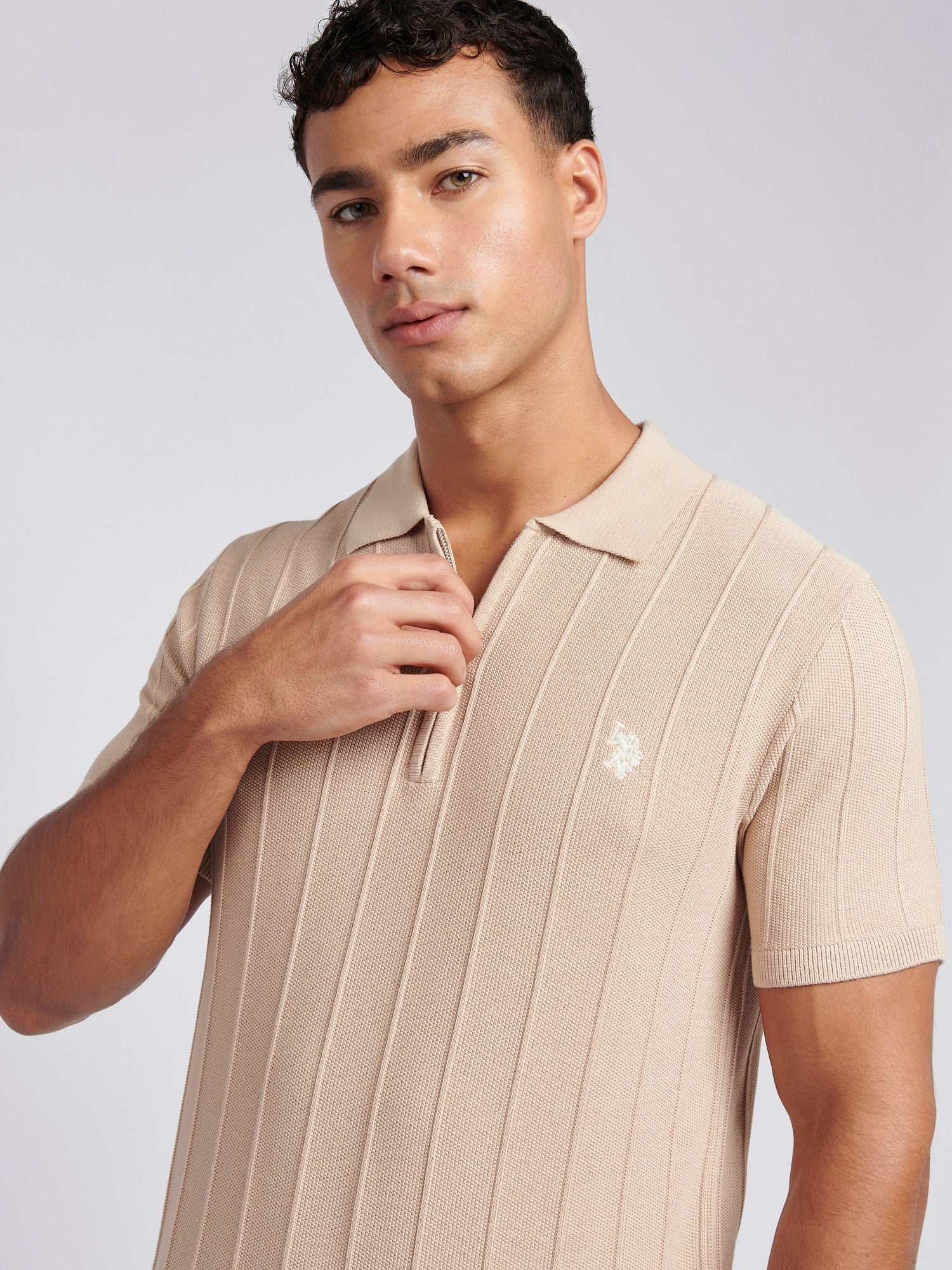 Mens Zip Knit  Polo Shirt Doeskin