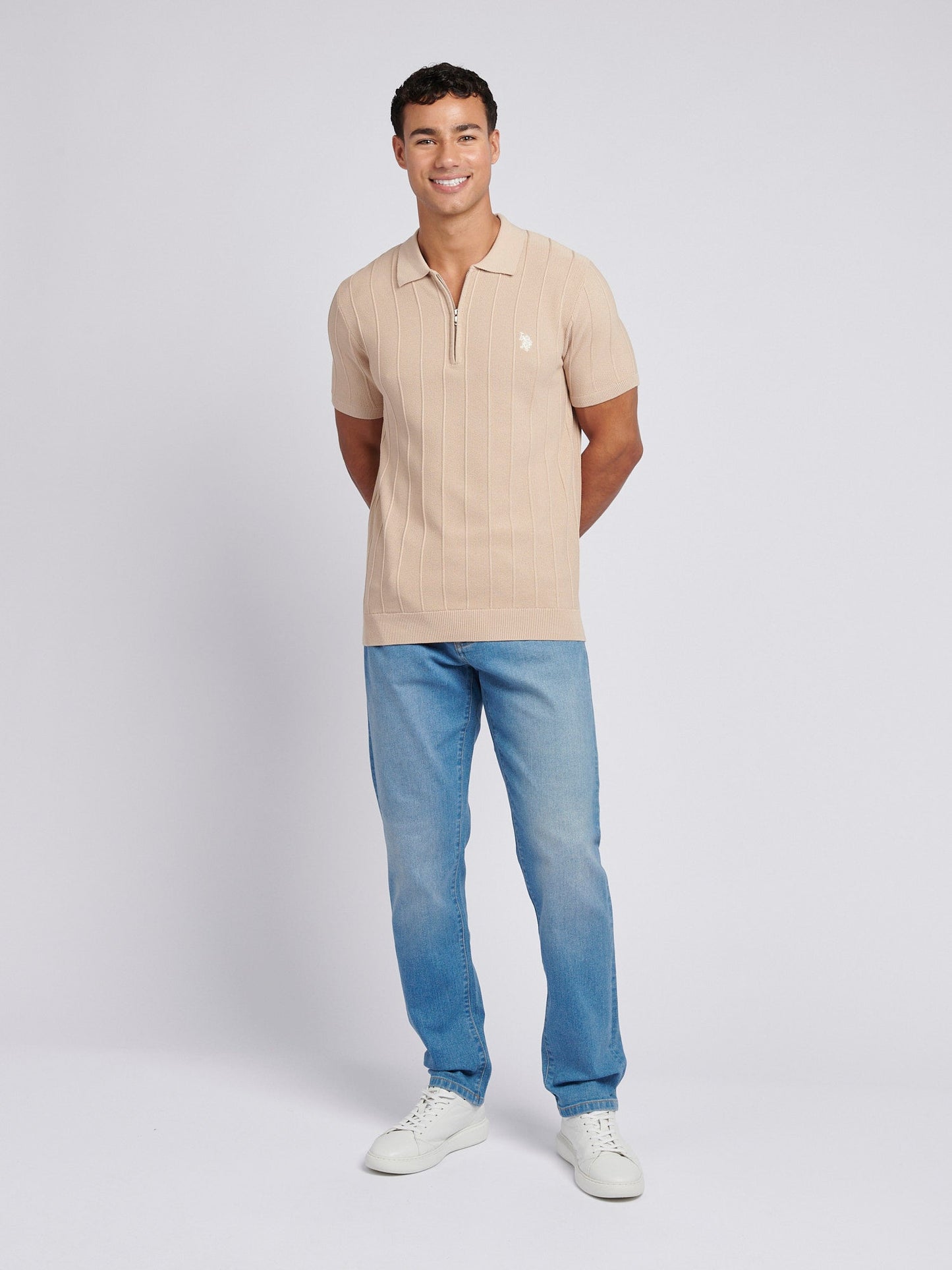 Mens Zip Knit  Polo Shirt Doeskin