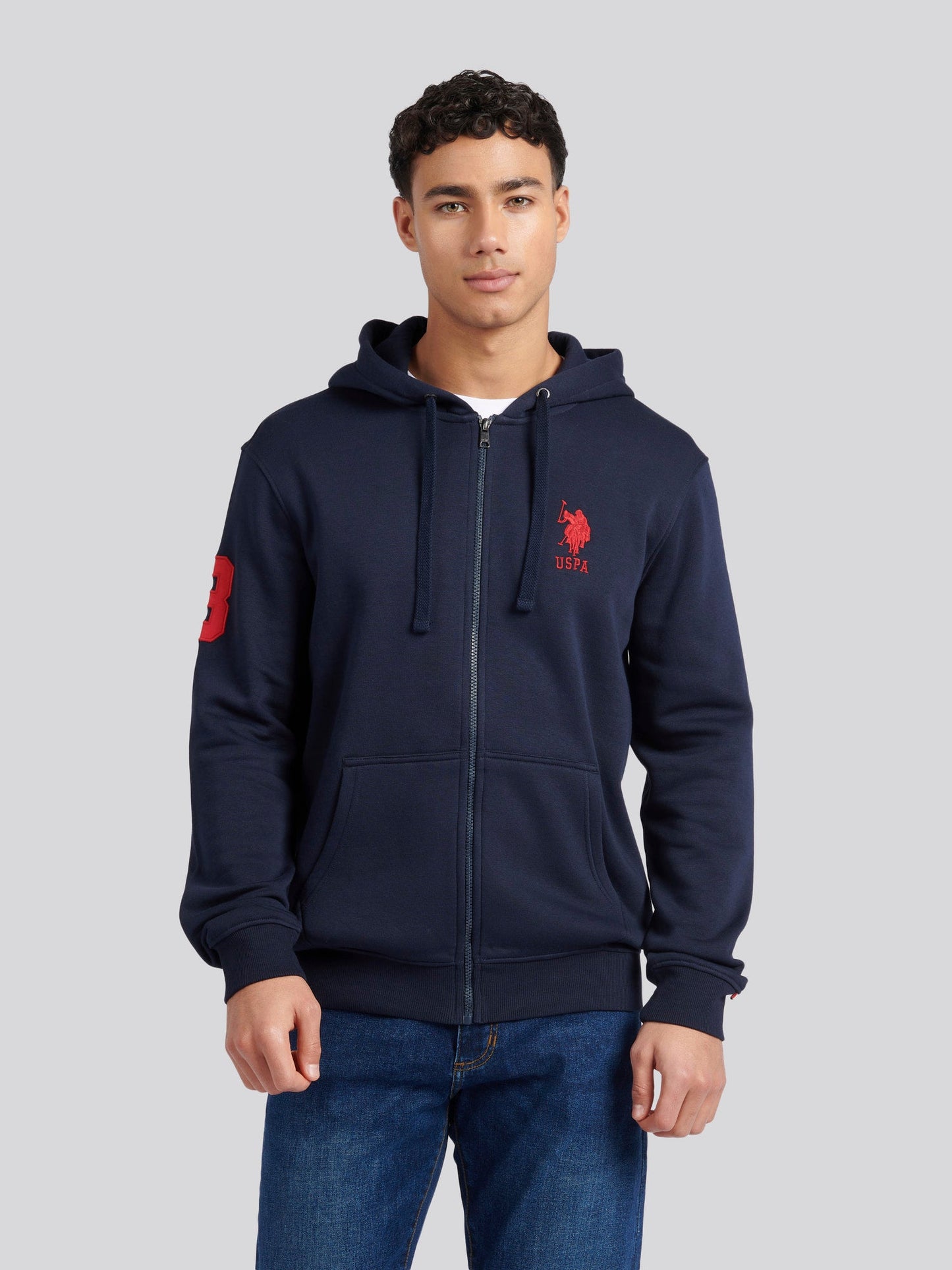 Mens Classic Fit Player 3 Zip Hoodie in Dark Sapphire Navy / Haute Red DHM