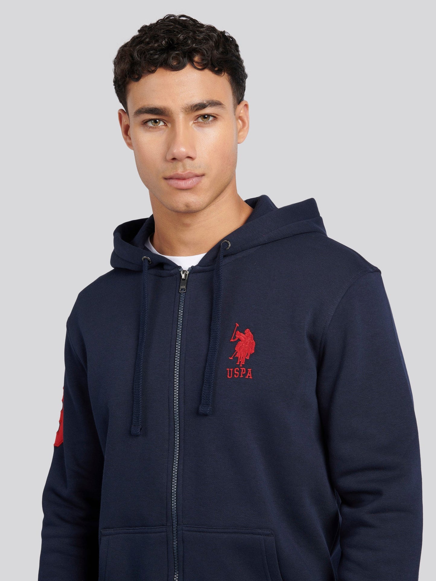 Mens Classic Fit Player 3 Zip Hoodie in Dark Sapphire Navy / Haute Red DHM