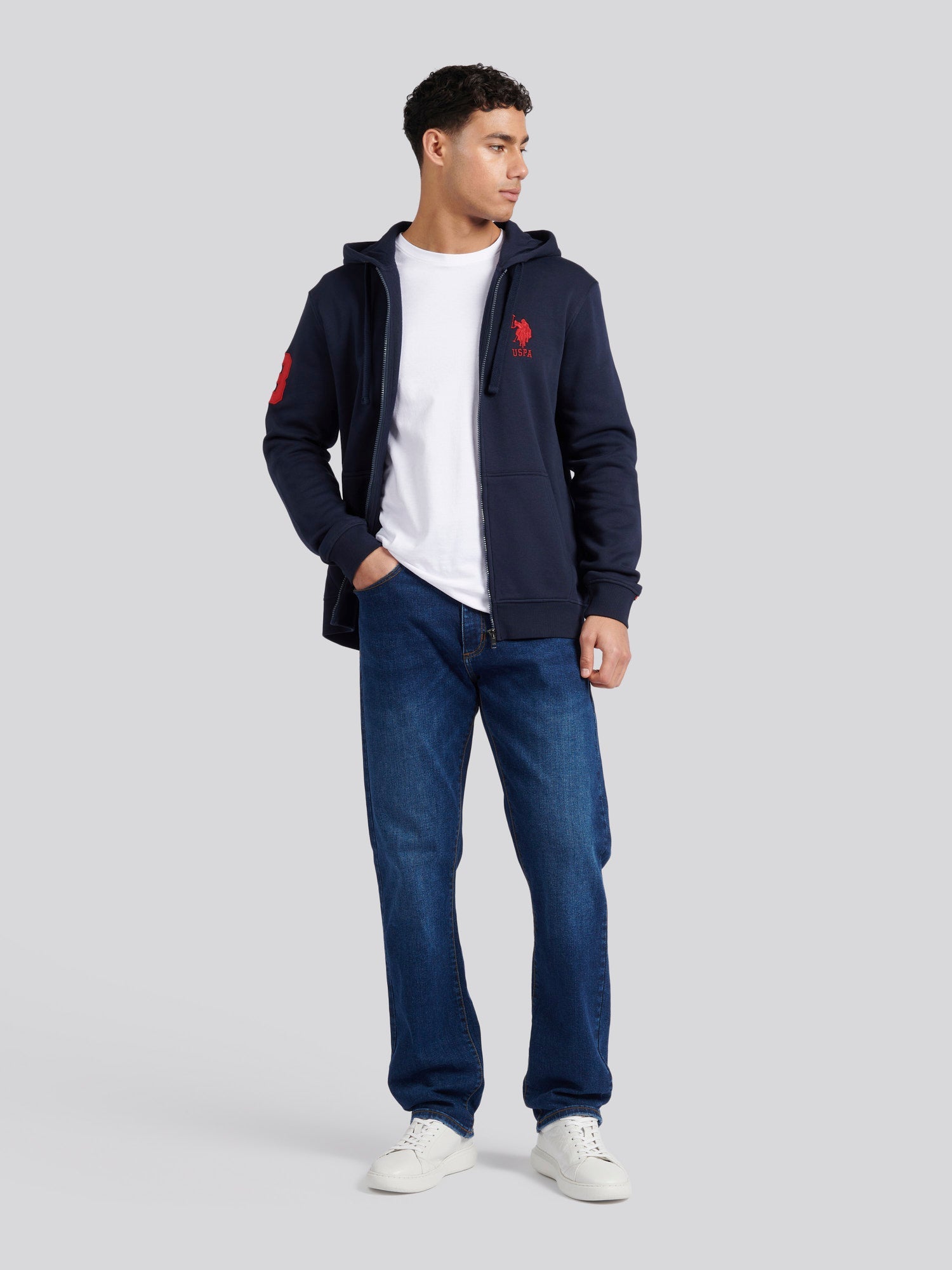 Mens Classic Fit Player 3 Zip Hoodie in Dark Sapphire Navy / Haute Red DHM