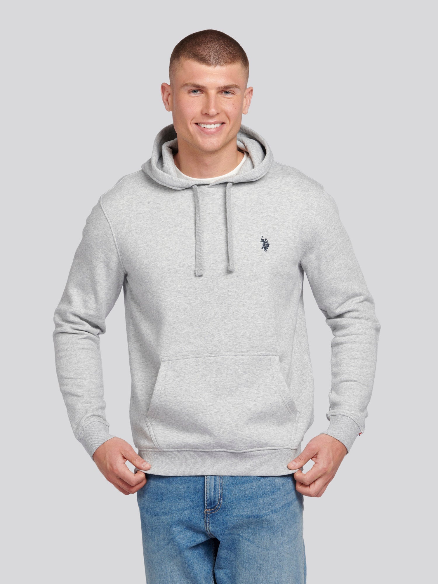 Mens Double Horsemen Hoodie in Mid Grey Marl