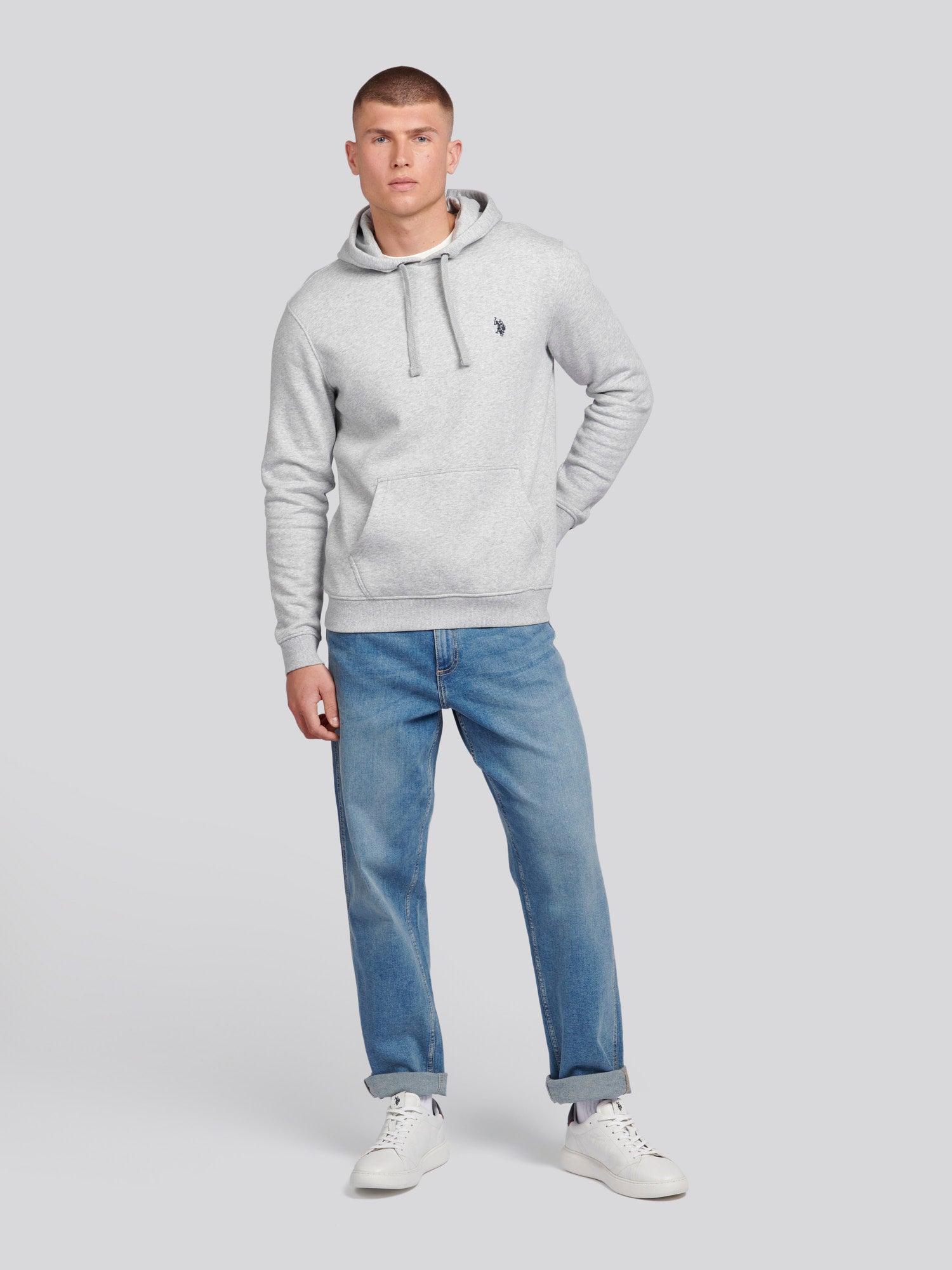 Mens Double Horsemen Hoodie in Mid Grey Marl