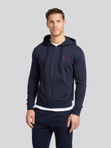 Mens Double Horsemen Zip Hoodie in Dark Sapphire Navy / Haute Red DHM