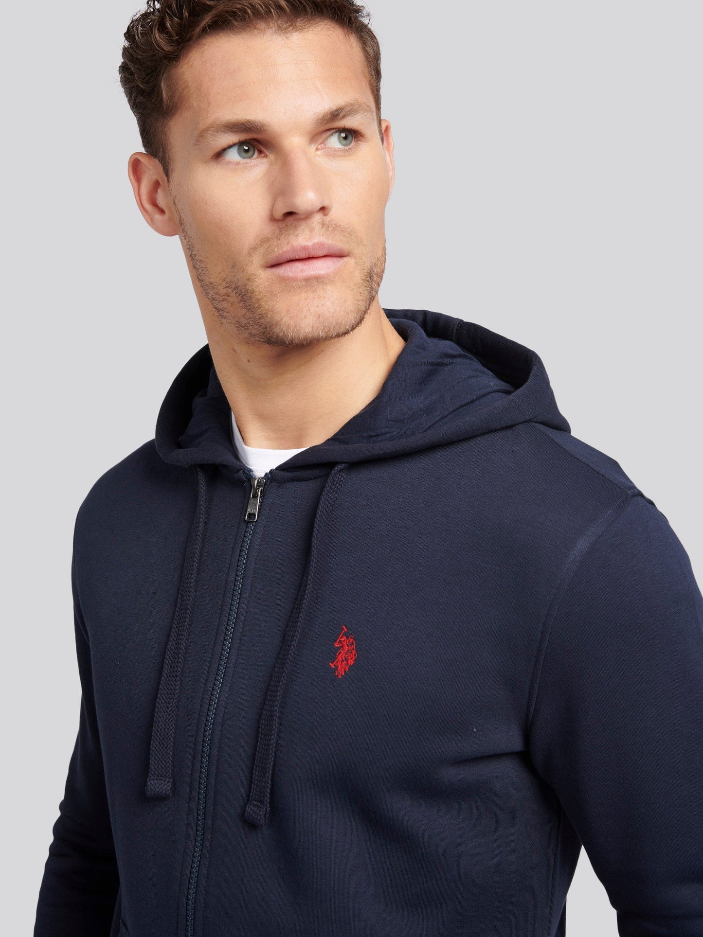 Mens Double Horsemen Zip Hoodie in Dark Sapphire Navy / Haute Red DHM
