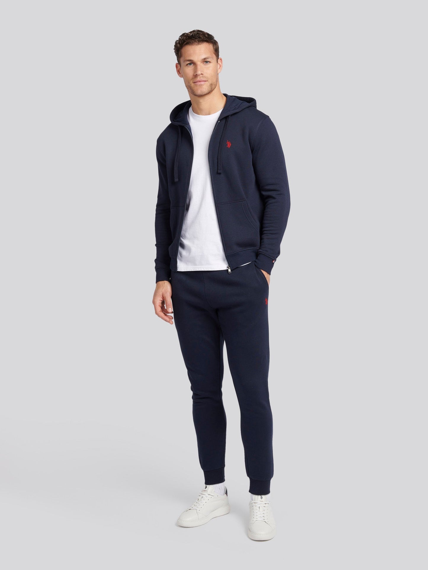 Mens Double Horsemen Zip Hoodie in Dark Sapphire Navy / Haute Red DHM