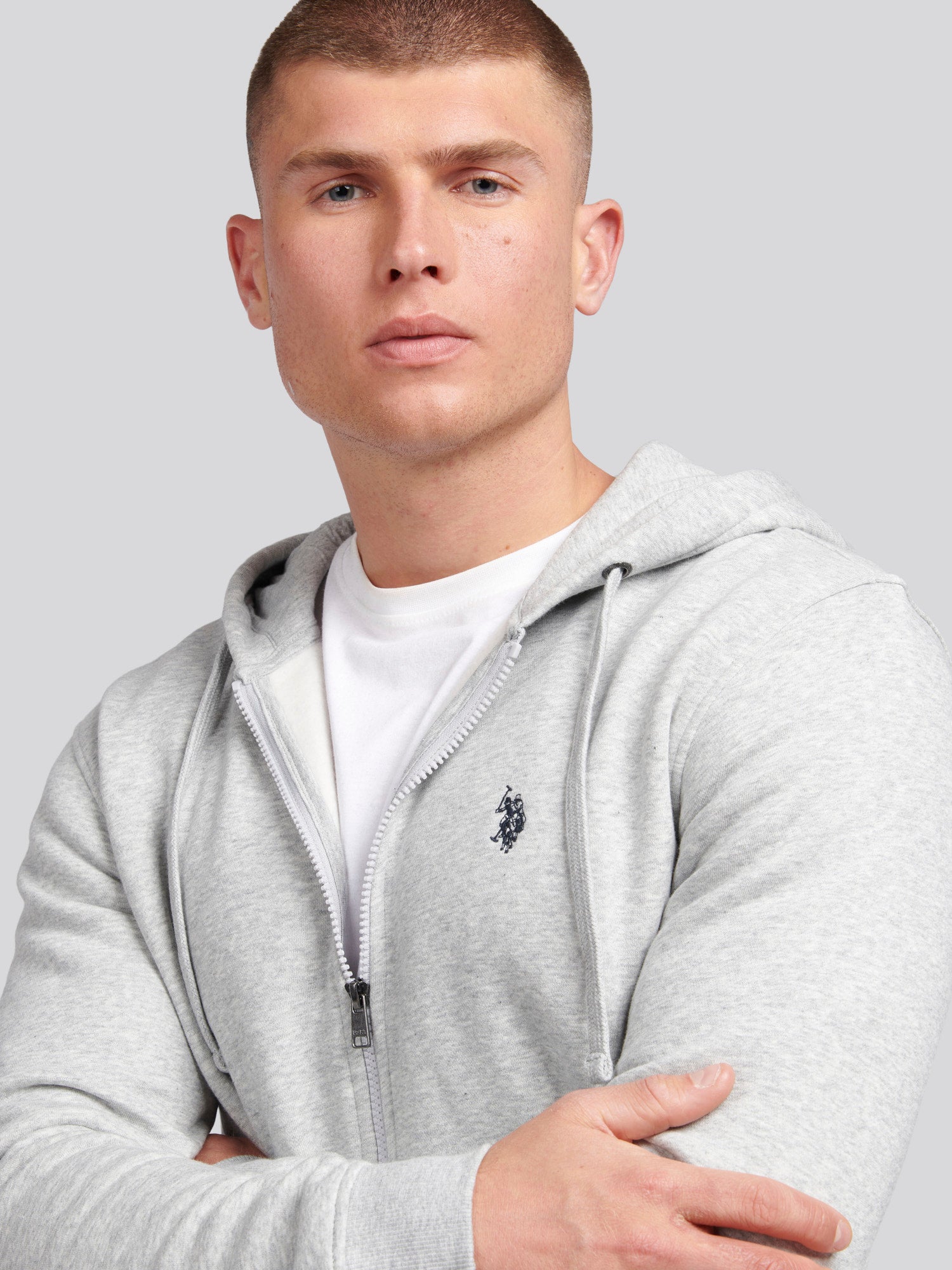 Mens Double Horsemen Zip Hoodie in Mid Grey Marl