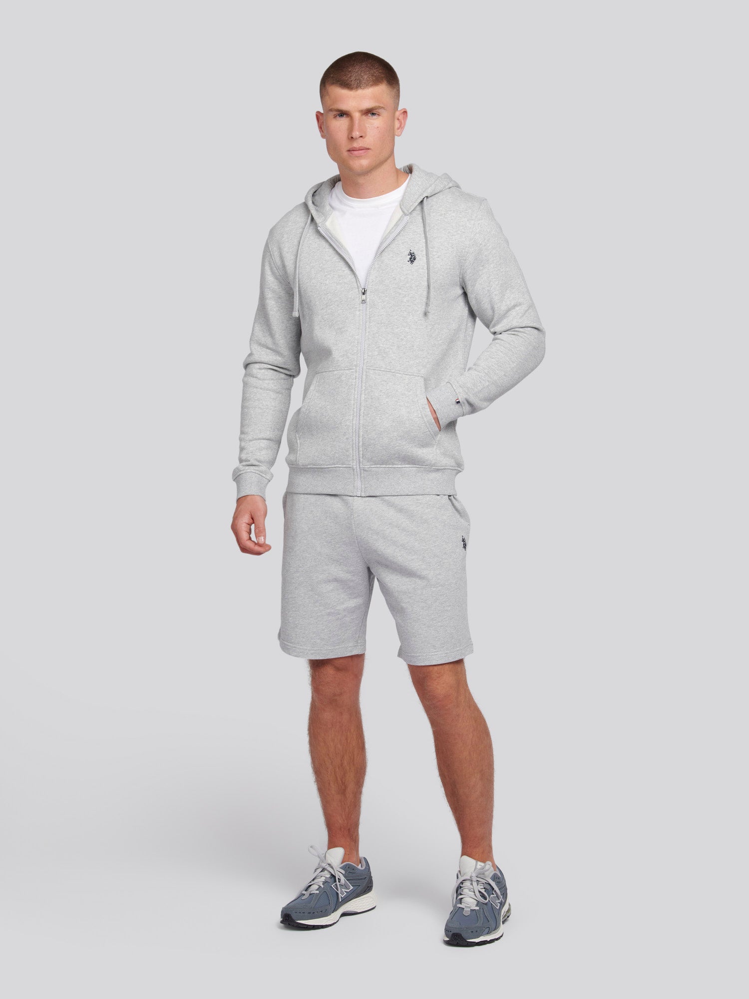 Mens Double Horsemen Zip Hoodie in Mid Grey Marl