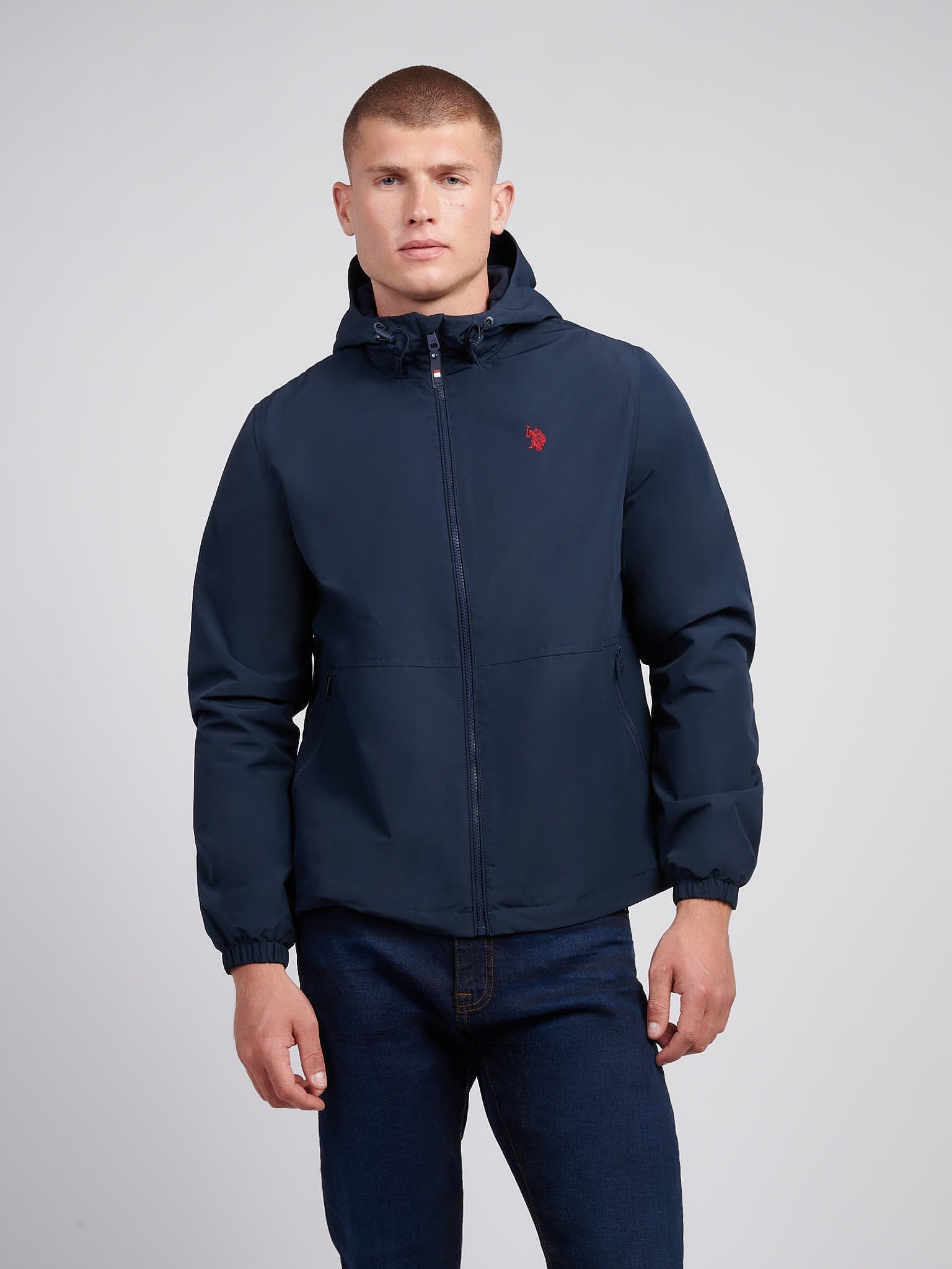 Mens Fleece Lined Windbreaker Jacket in Dark Sapphire Navy / Haute Red DHM