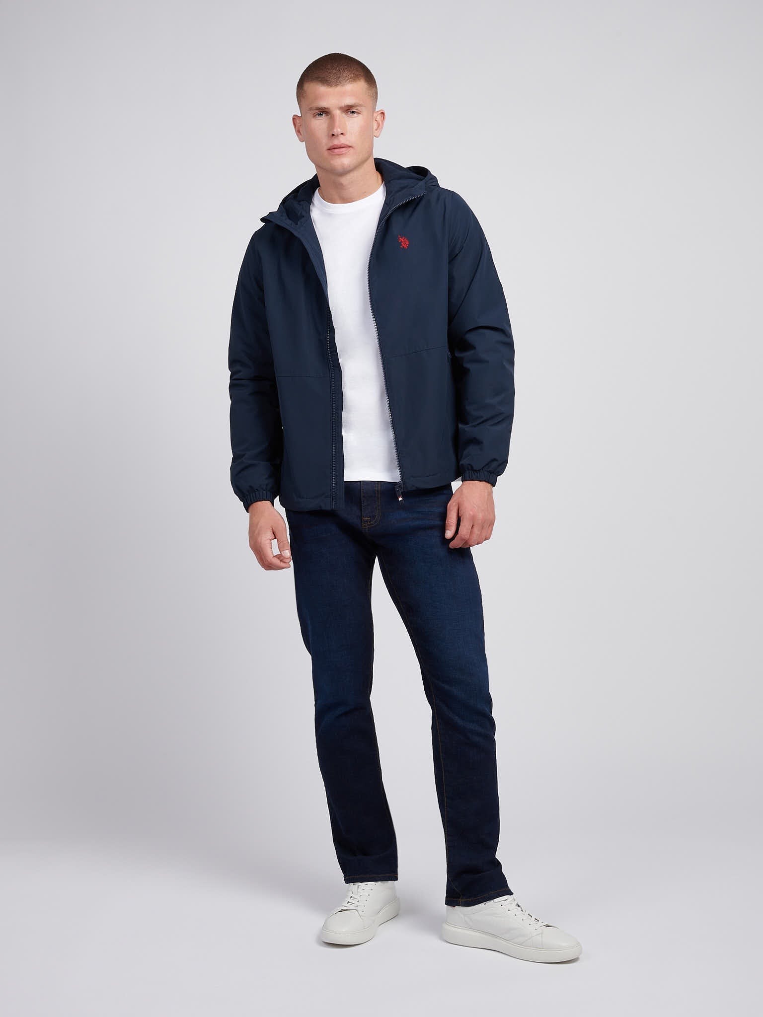 Mens Fleece Lined Windbreaker Jacket in Dark Sapphire Navy / Haute Red DHM