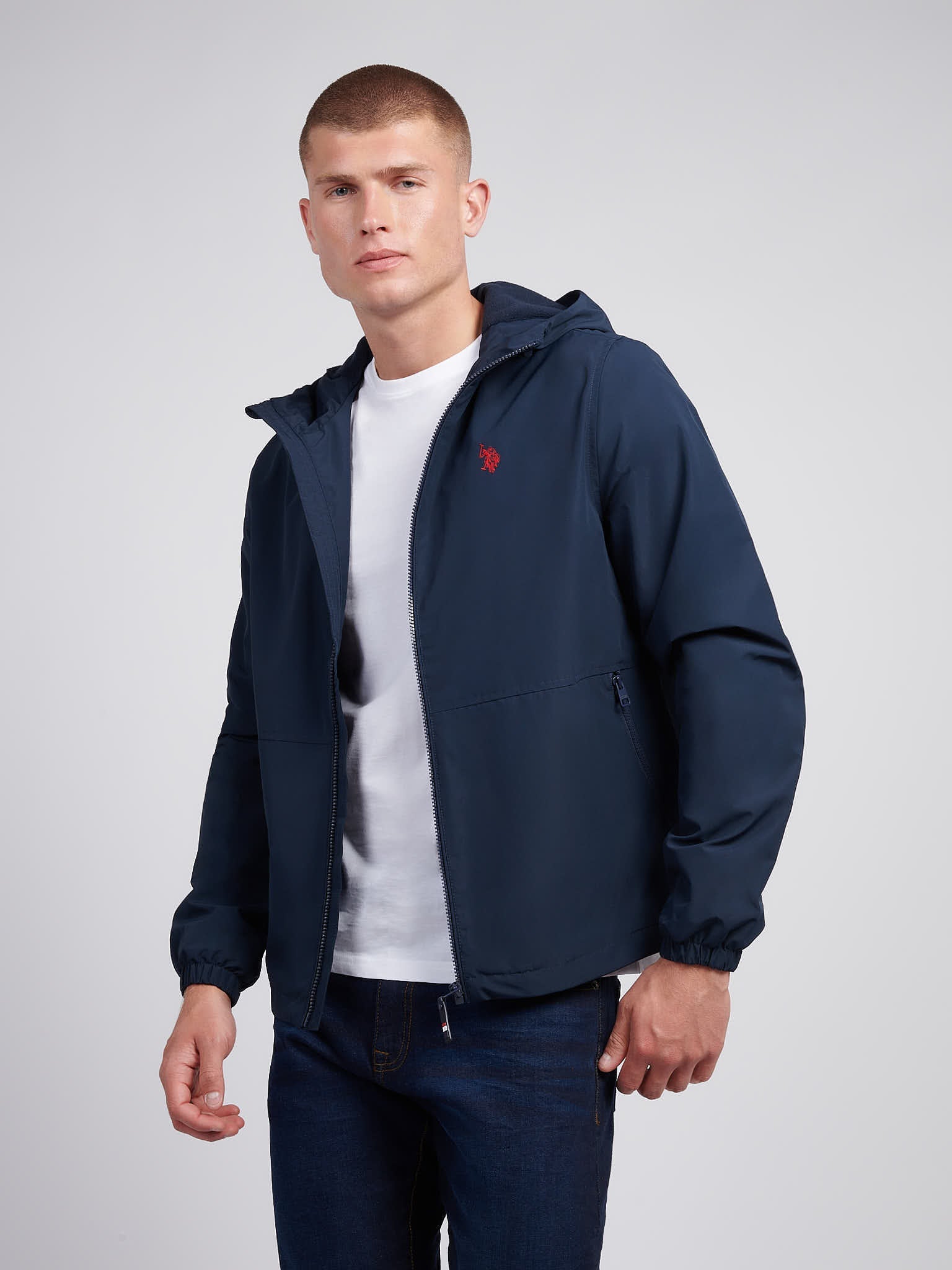 Mens Fleece Lined Windbreaker Jacket in Dark Sapphire Navy / Haute Red DHM