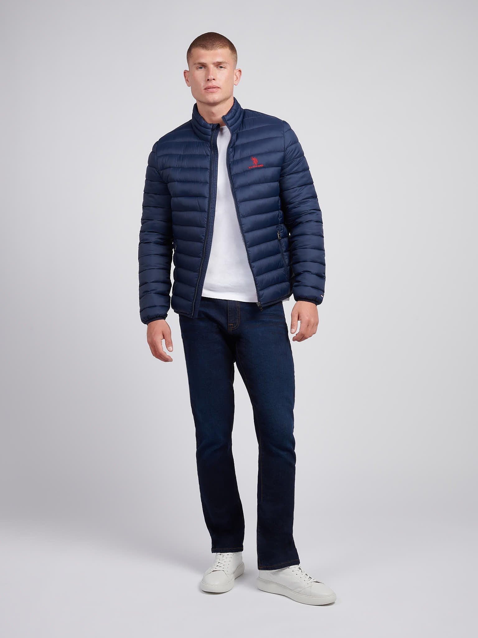 Mens Lightweight Bound Quilted Jacket Dark Sapphire Navy / Haute Red DHM