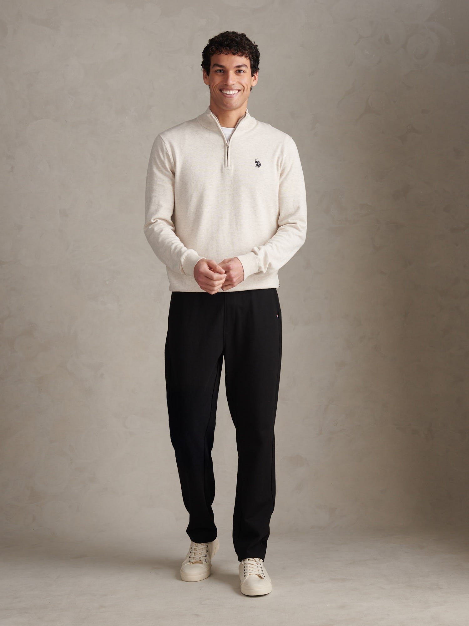 Mens Cotton Quarter Zip Funnel Jumper Birch Marl