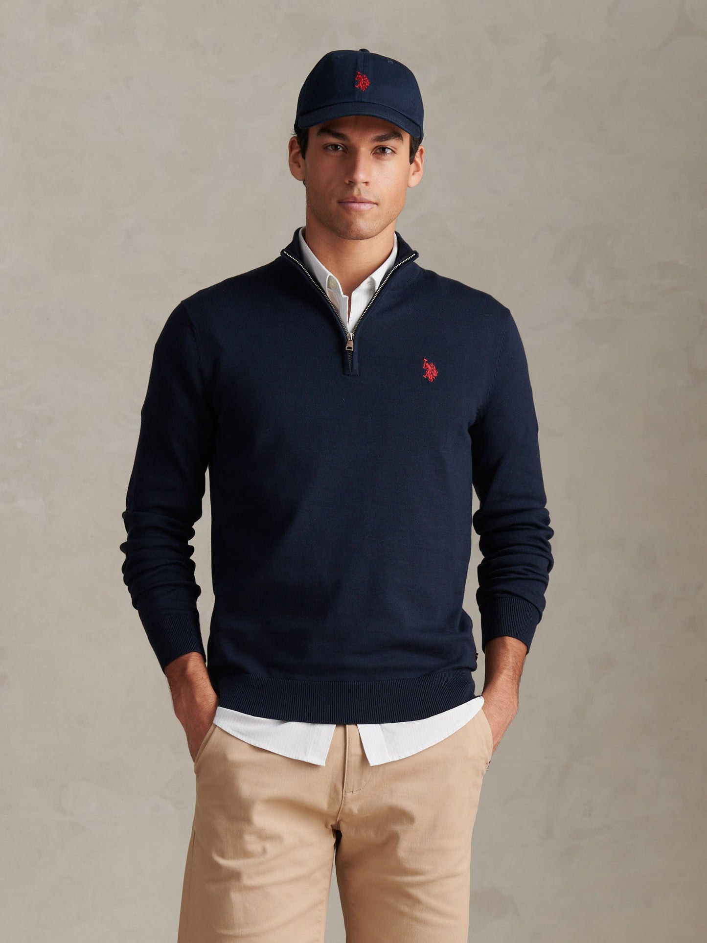 Mens Cotton Quarter Zip Funnel Jumper Dark Sapphire Navy / Haute Red DHM