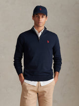 Mens Cotton Quarter Zip Funnel Jumper Dark Sapphire Navy / Haute Red DHM