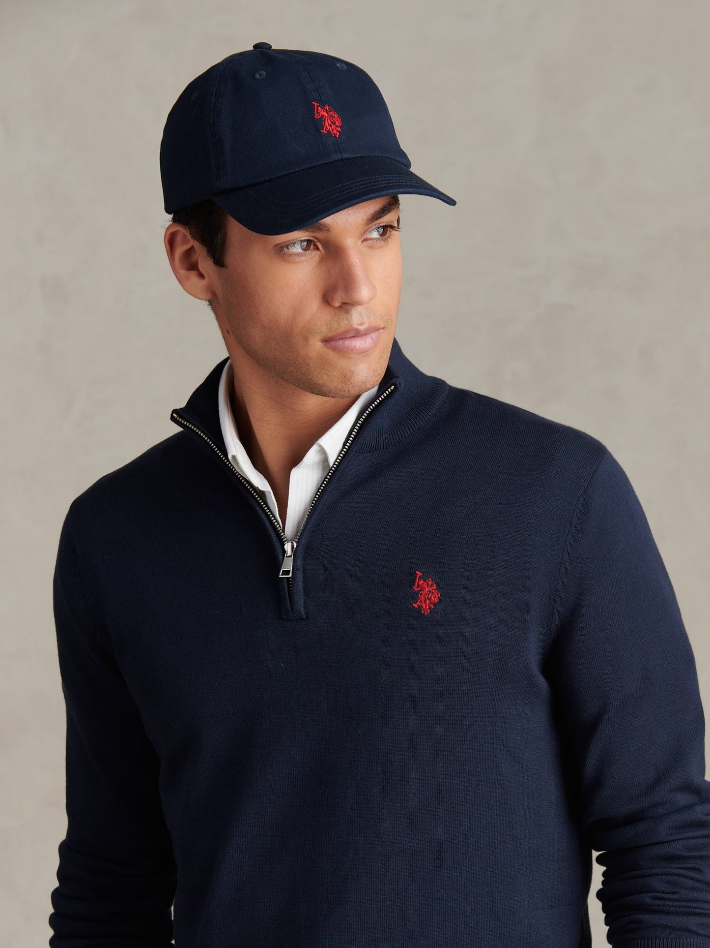 Mens Cotton Quarter Zip Funnel Jumper Dark Sapphire Navy / Haute Red DHM