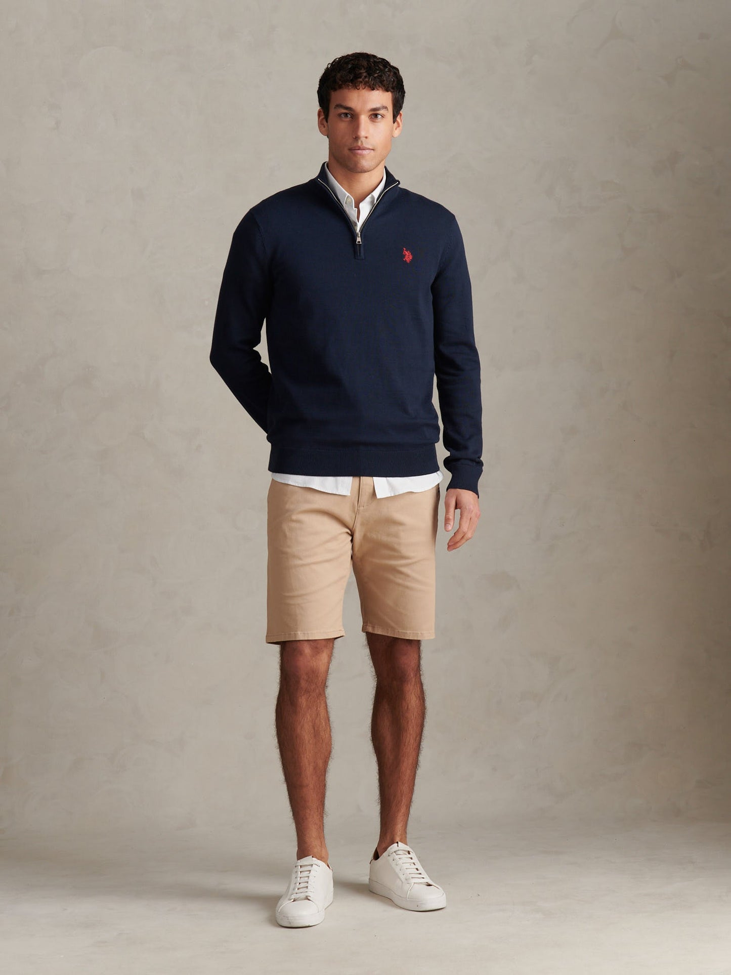 Mens Cotton Quarter Zip Funnel Jumper Dark Sapphire Navy / Haute Red DHM
