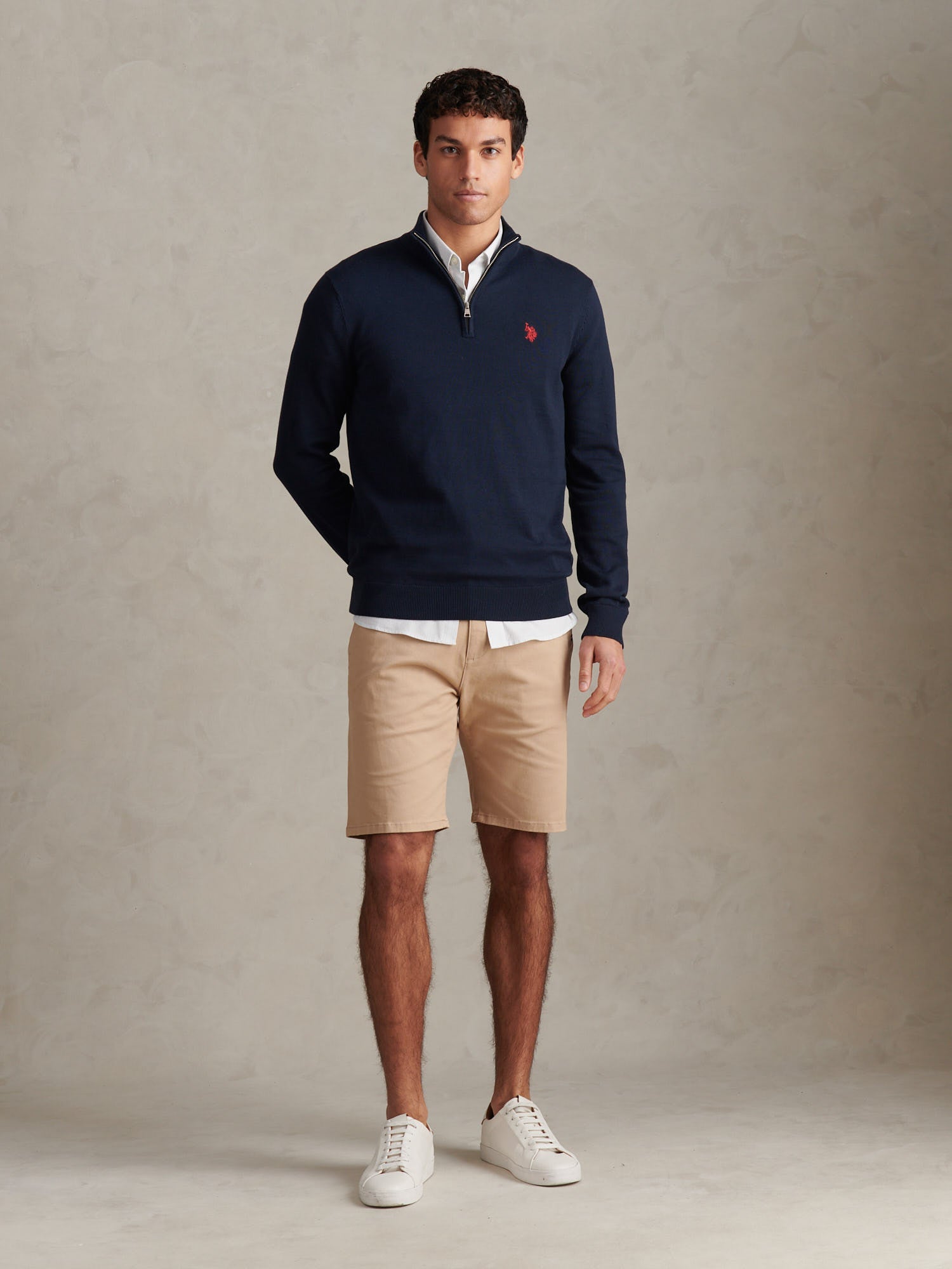 Mens Cotton Quarter Zip Funnel Jumper Dark Sapphire Navy / Haute Red DHM