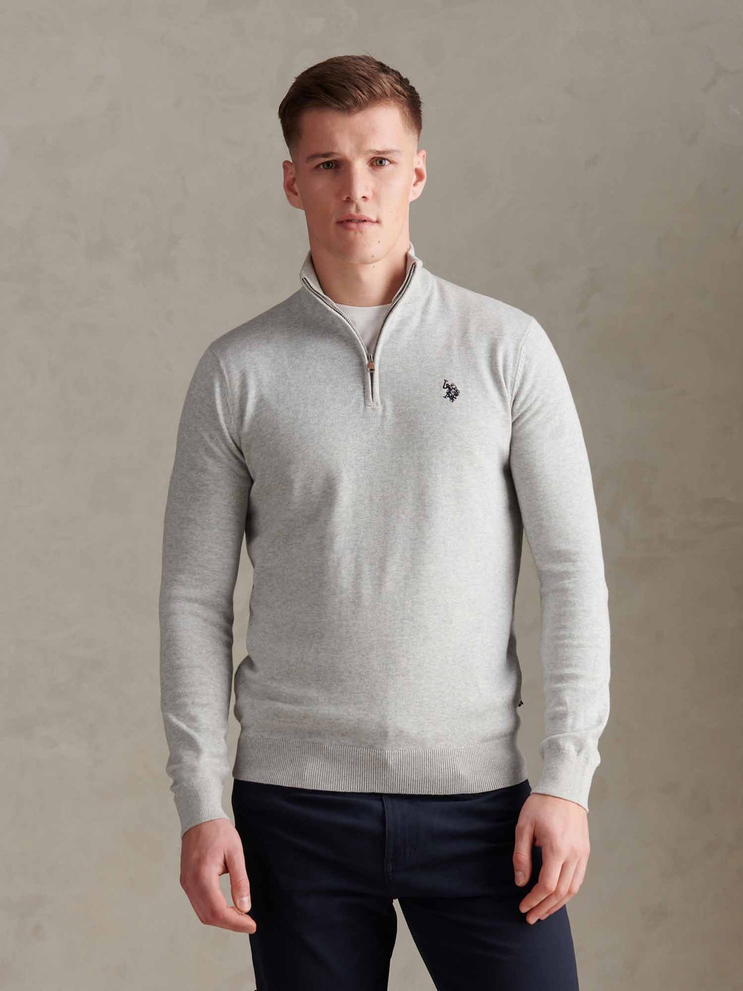Mens Cotton Quarter Zip Funnel Jumper Mid Grey Marl