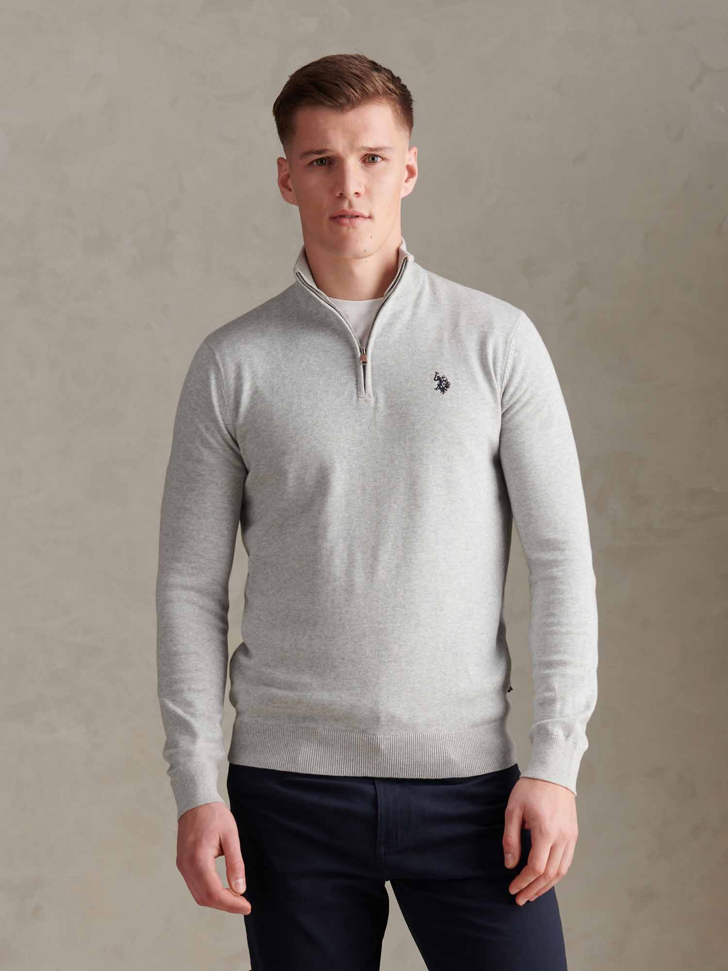 Mens Cotton Quarter Zip Funnel Jumper Mid Grey Marl