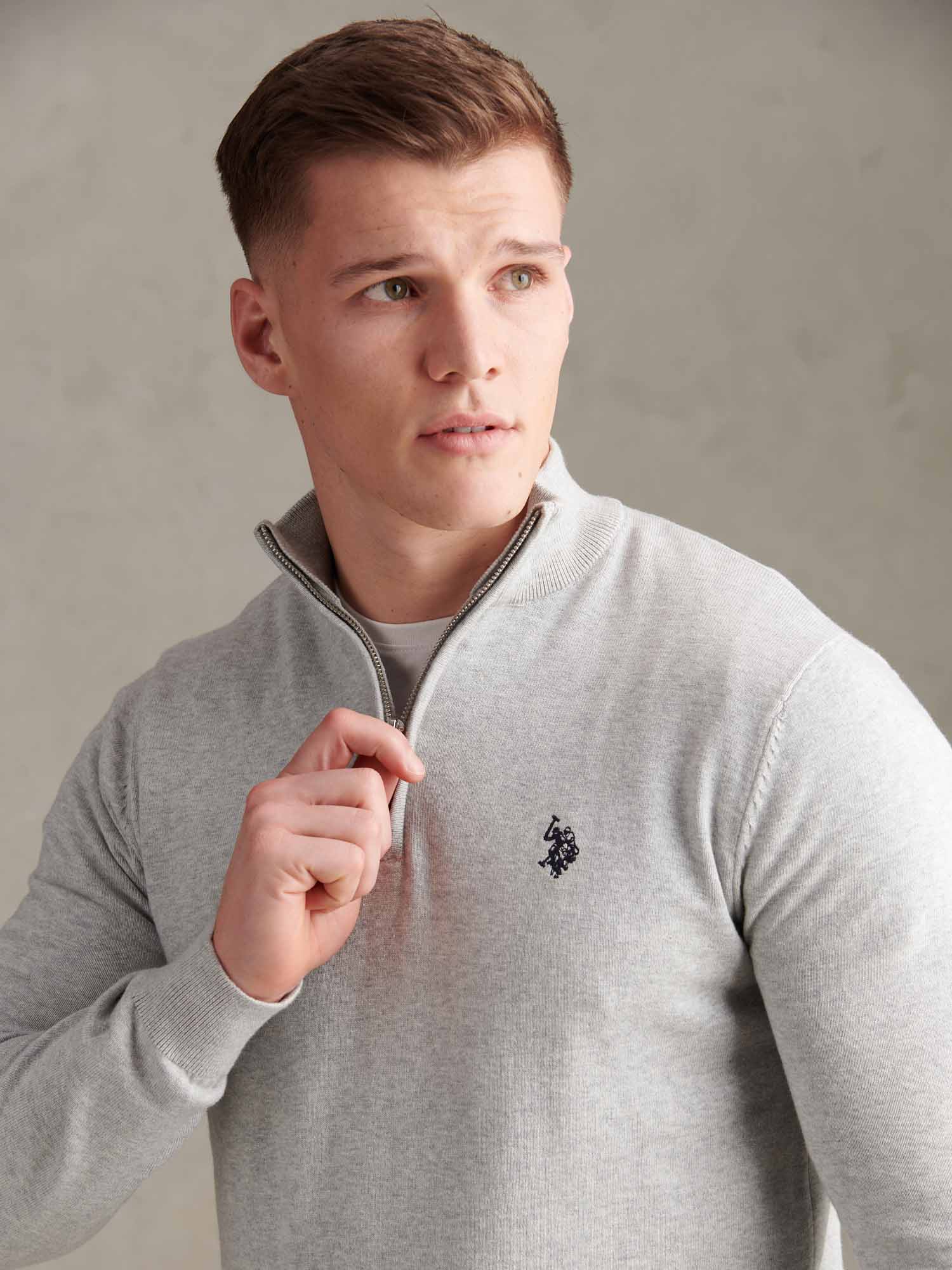 Mens Cotton Quarter Zip Funnel Jumper Mid Grey Marl