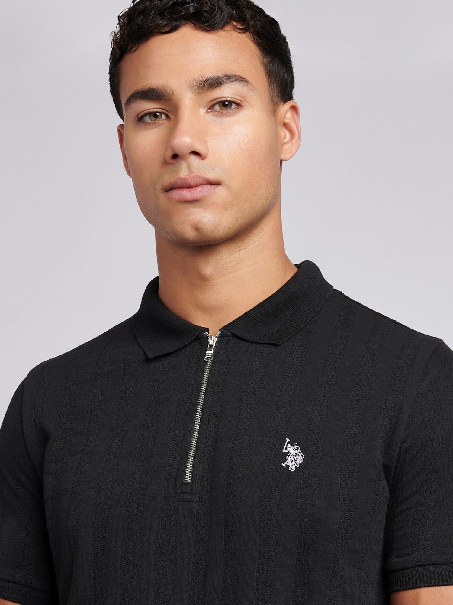 Mens Stripe Textured Zip Polo Shirt in Black Bright White DHM