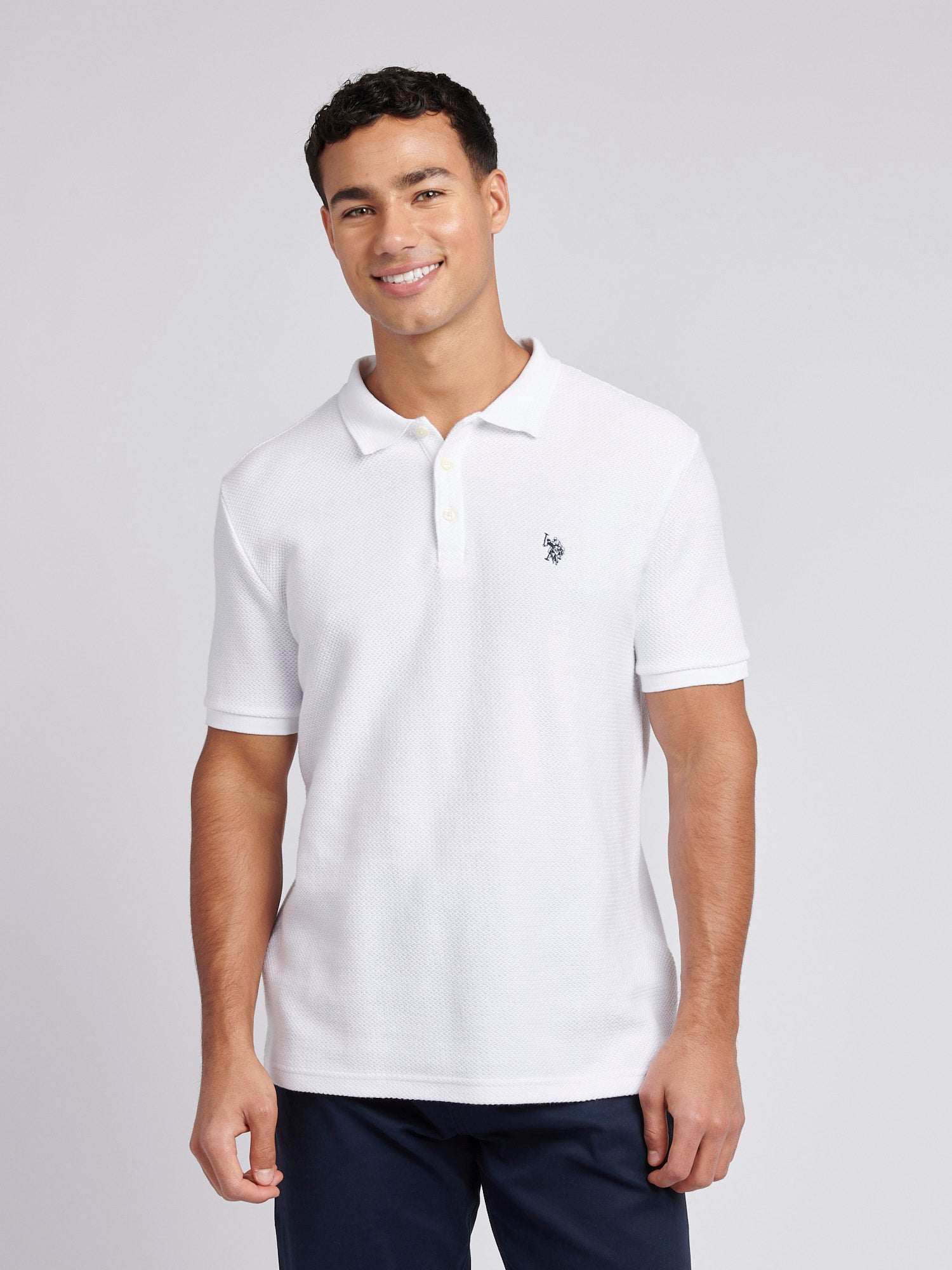 Mens Textured Double Horsemen Polo Shirt in Bright White