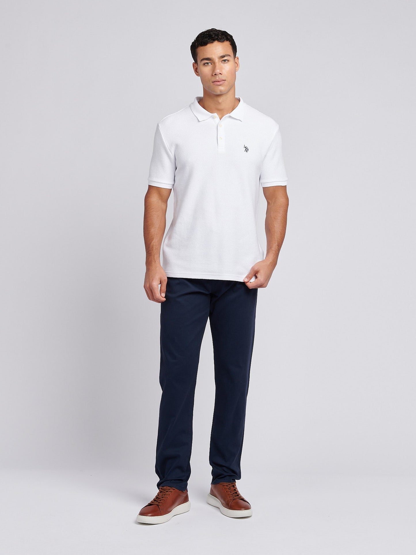 Mens Textured Double Horsemen Polo Shirt in Bright White