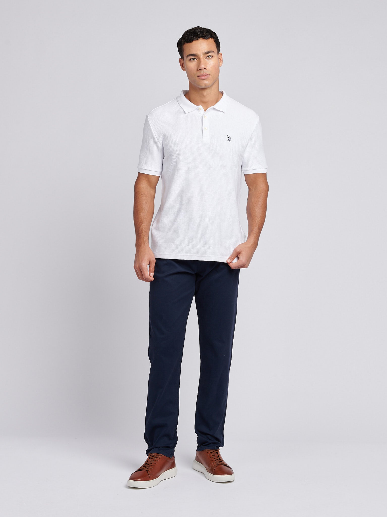 Mens Textured Double Horsemen Polo Shirt in Bright White