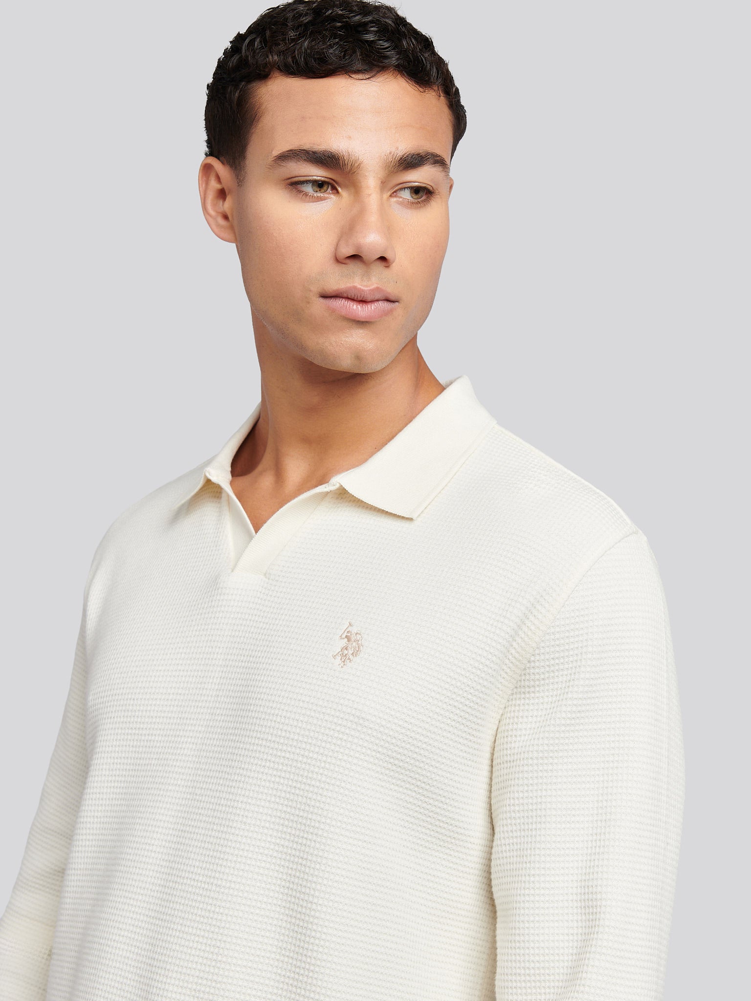 Mens Waffle Texture Open Collar Long Sleeve Polo Shirt in Whisper White