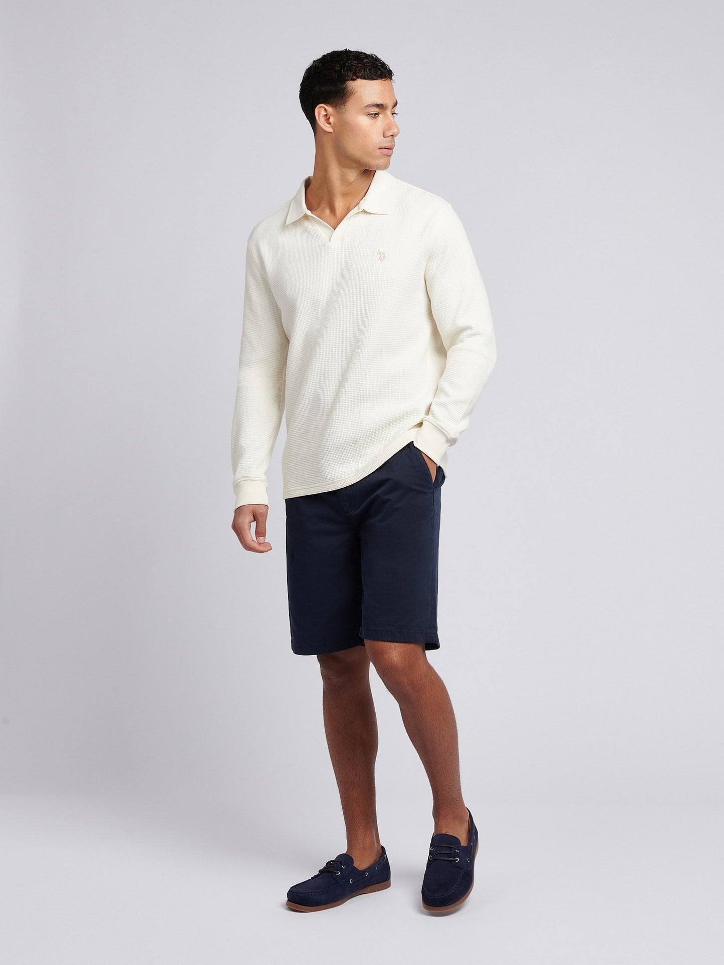 Mens Waffle Texture Open Collar Long Sleeve Polo Shirt in Whisper White