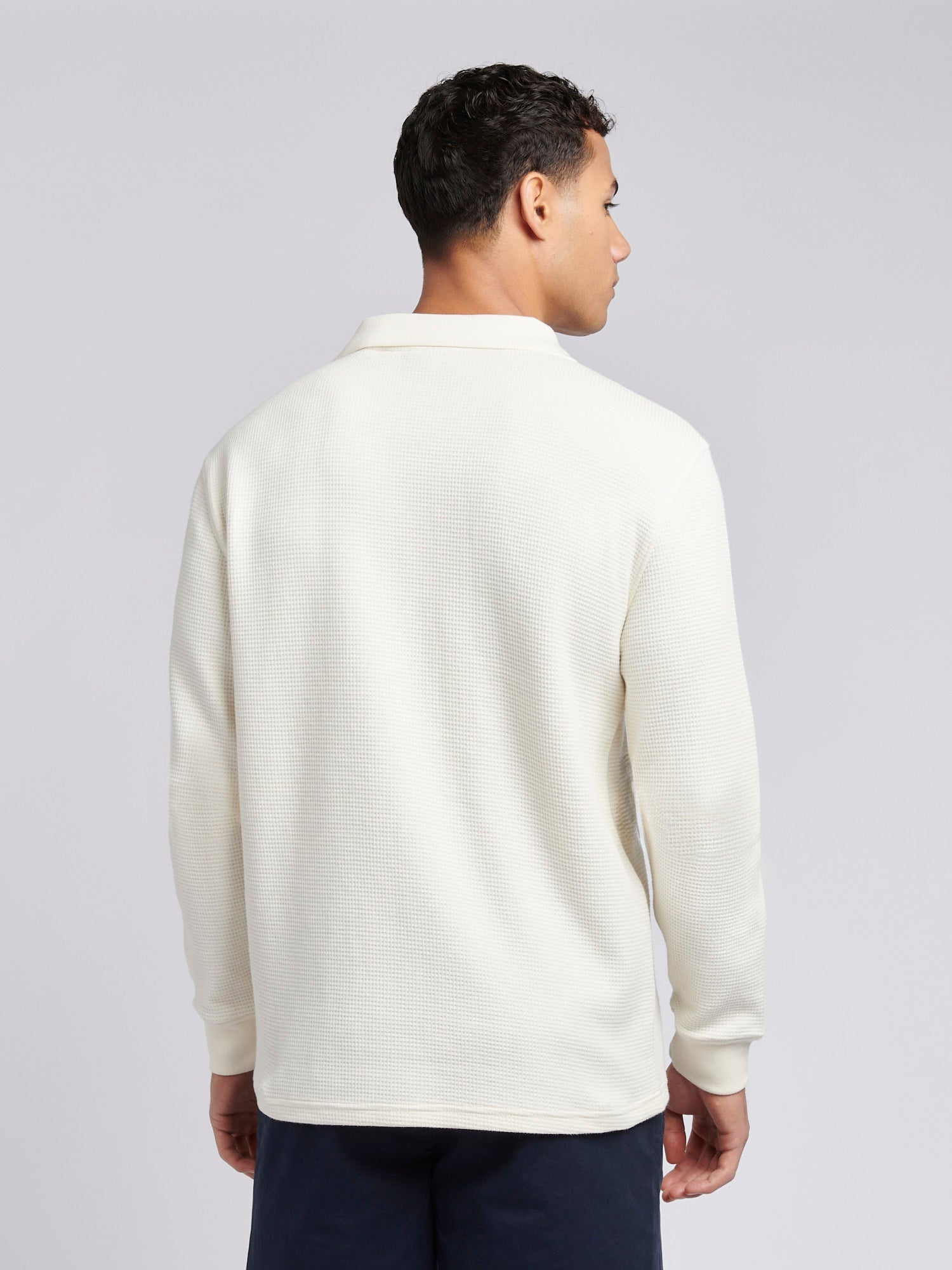 Mens Waffle Texture Open Collar Long Sleeve Polo Shirt in Whisper White