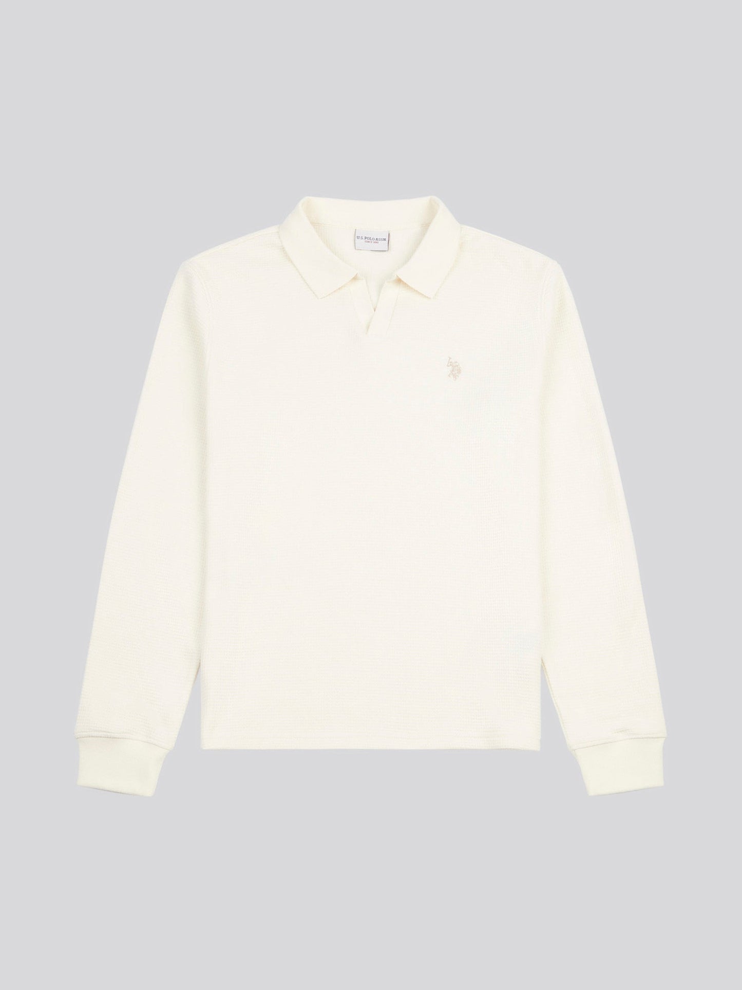 Mens Waffle Texture Open Collar Long Sleeve Polo Shirt in Whisper White