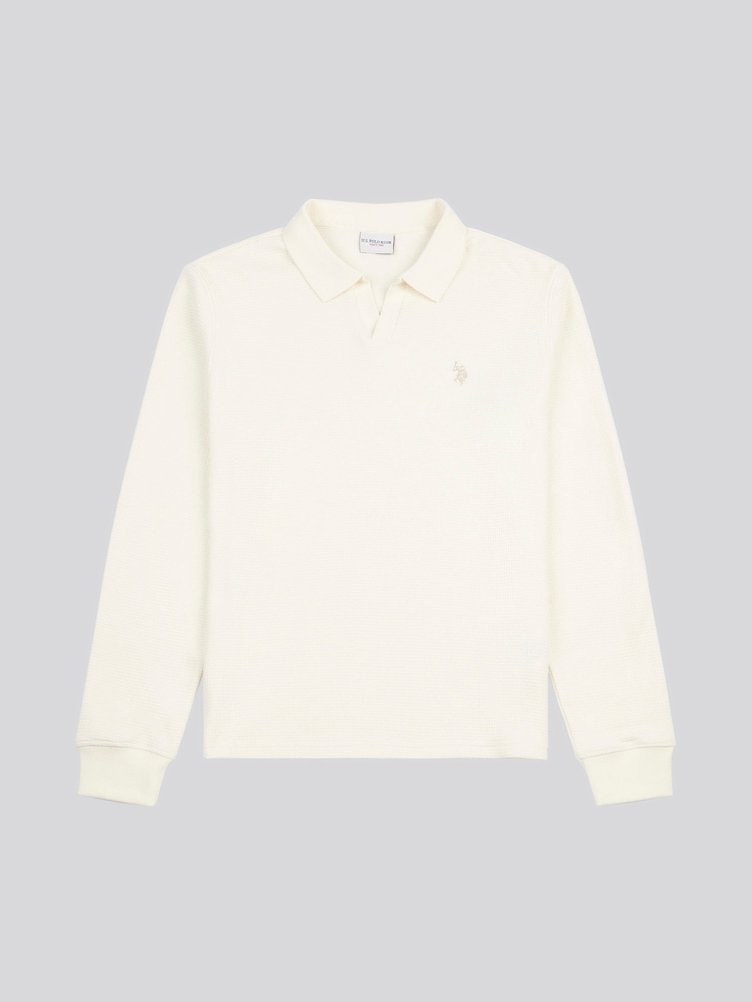 Mens Waffle Texture Open Collar Long Sleeve Polo Shirt in Whisper White