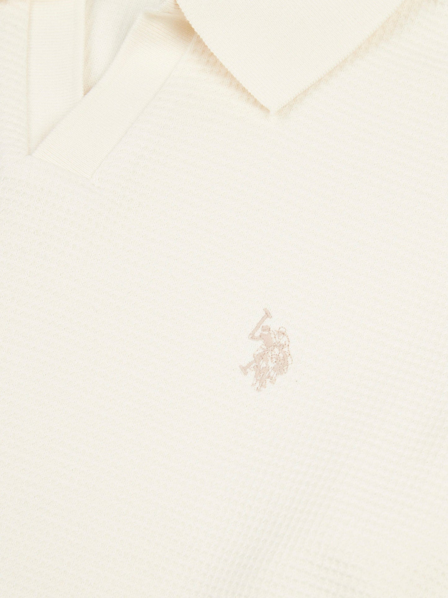 Mens Waffle Texture Open Collar Long Sleeve Polo Shirt in Whisper White