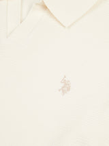 Mens Waffle Texture Open Collar Long Sleeve Polo Shirt in Whisper White
