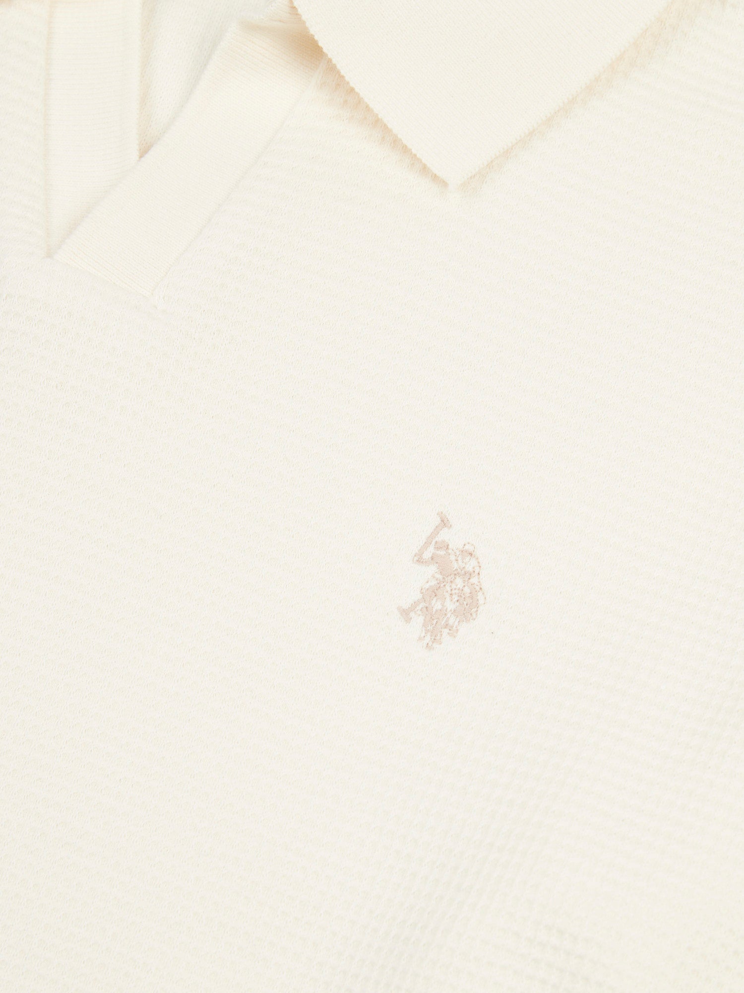 Mens Waffle Texture Open Collar Long Sleeve Polo Shirt in Whisper White