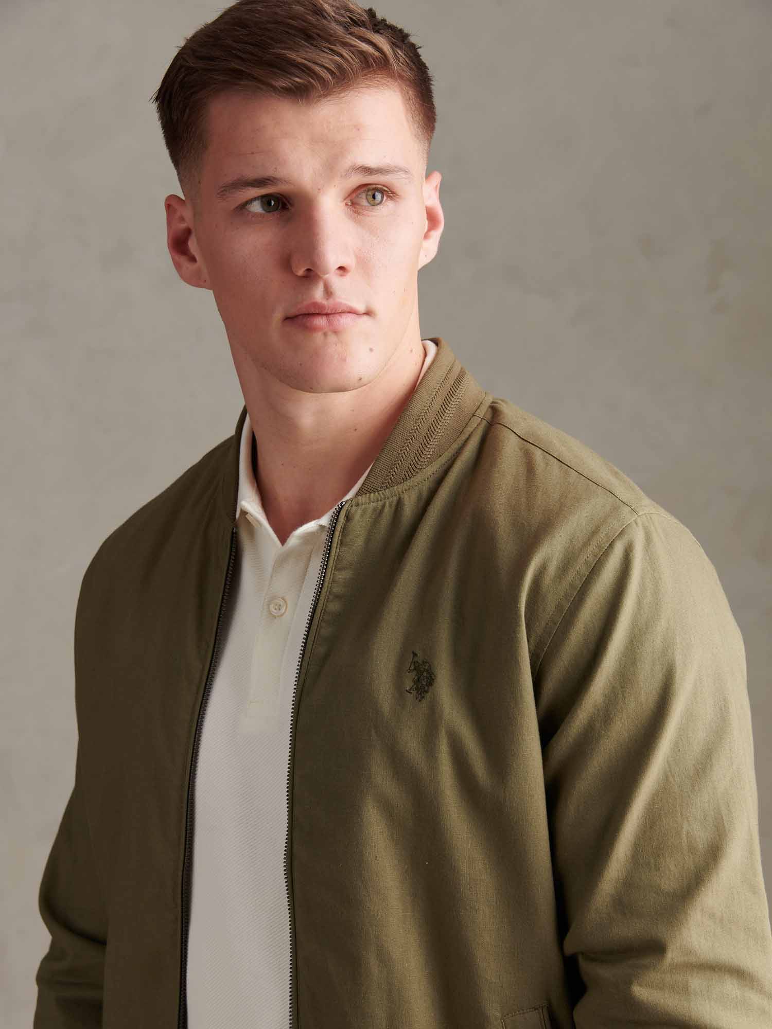 Mens Linen Blend Classic Bomber Deep Lichen Green