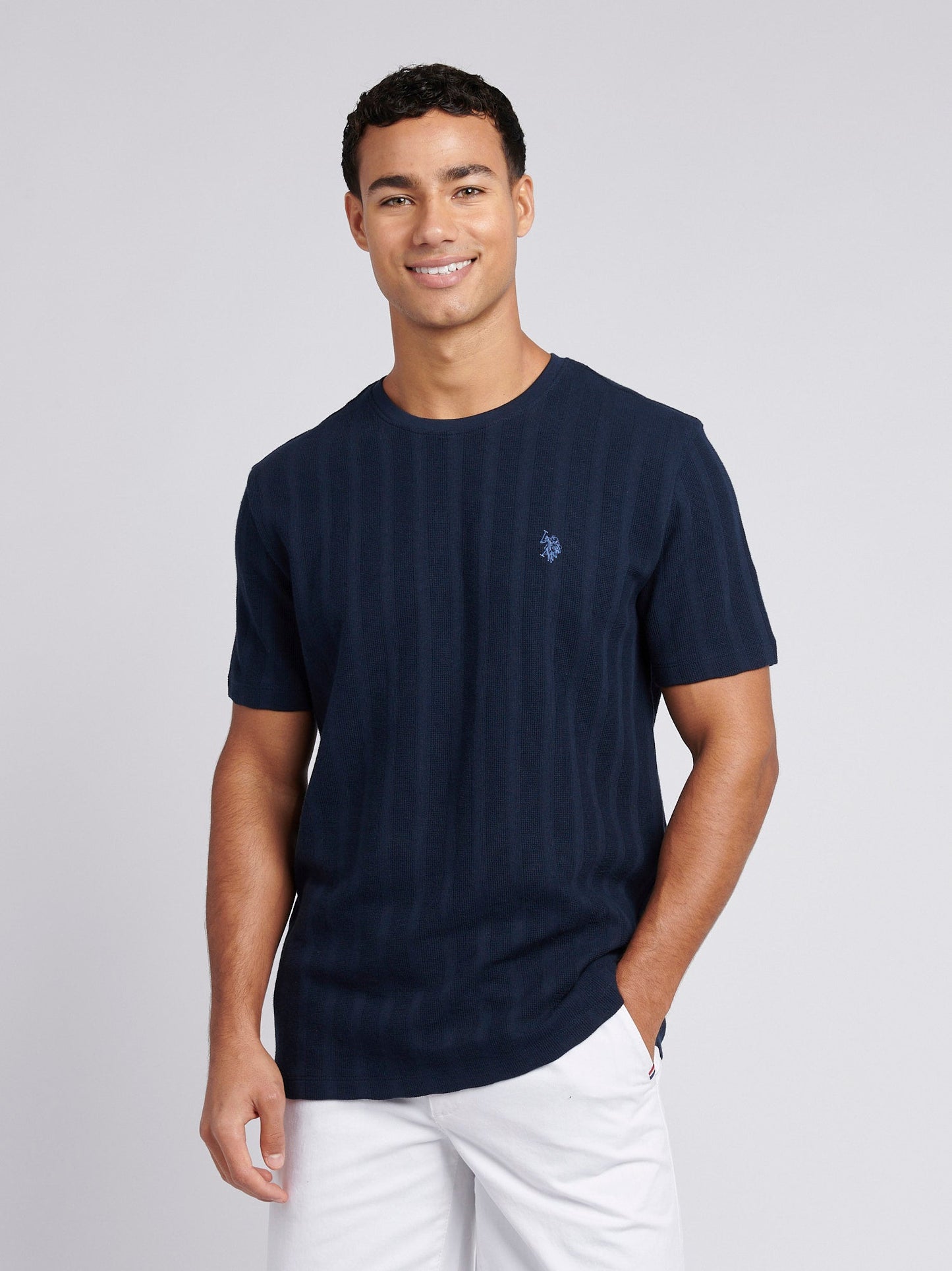 Mens Double Horsemen Vertical Stripe Textured T-Shirt in Dark Sapphire Navy / Moonlight Blue DHM