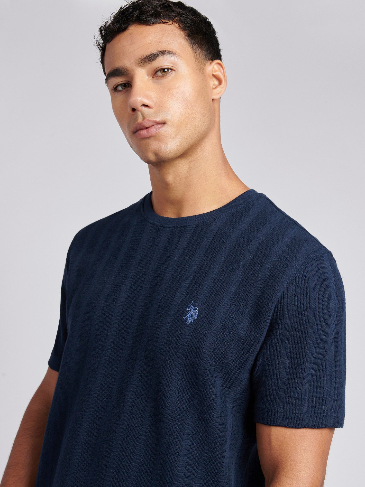 Mens Double Horsemen Vertical Stripe Textured T-Shirt in Dark Sapphire Navy / Moonlight Blue DHM