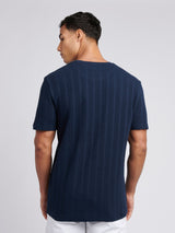 Mens Double Horsemen Vertical Stripe Textured T-Shirt in Dark Sapphire Navy / Moonlight Blue DHM
