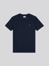 Mens Double Horsemen Vertical Stripe Textured T-Shirt in Dark Sapphire Navy / Moonlight Blue DHM